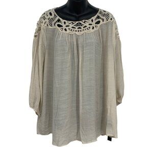 Zac & Rachel Woman Plus Size Tunic Top 2X Crochet Yoke Blouse Beige Blouse New